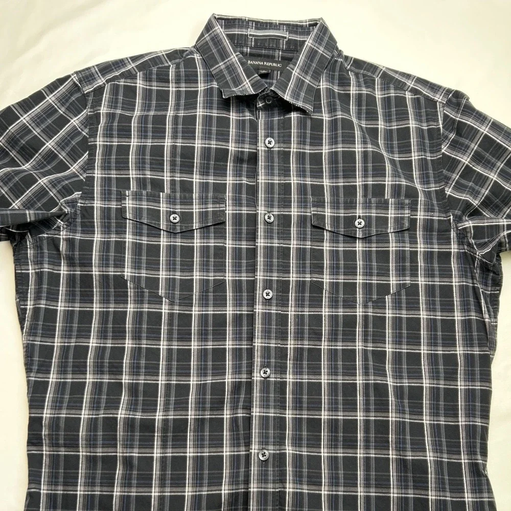 Banana Republic Mens Short Sleeve Plaid Button Down Shirt Black Size L Stretch